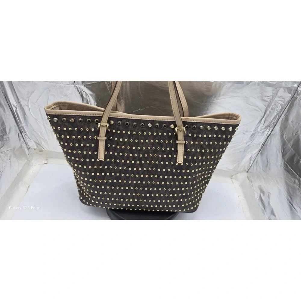 Michael Kors Selma Studded Tote Bag Brown Monogram Gold Studs Medium Handbag
